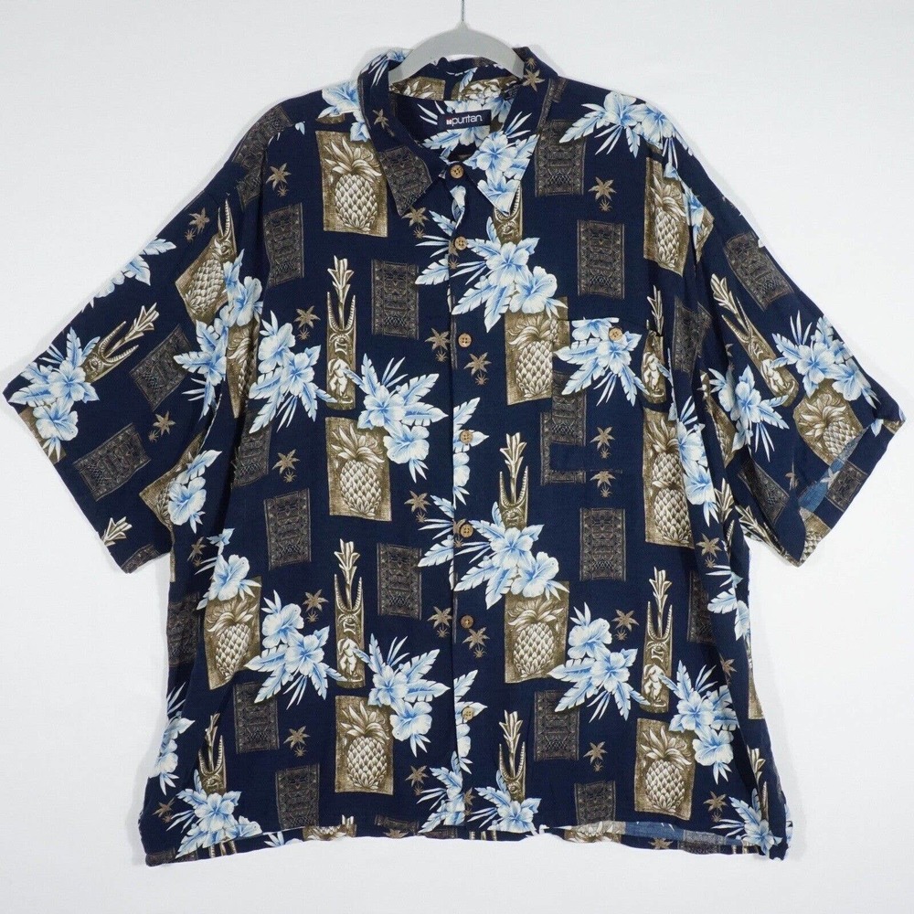 Puritan Mens Shirt Size 3XL 54/56 Button Front Pocket Collared Blue Rayon